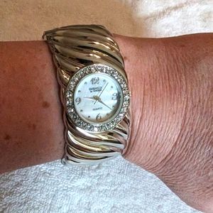 Embassy by Gruen SilverTone Bangle Braceletwith Mother of Pearl Dial GEM3435L